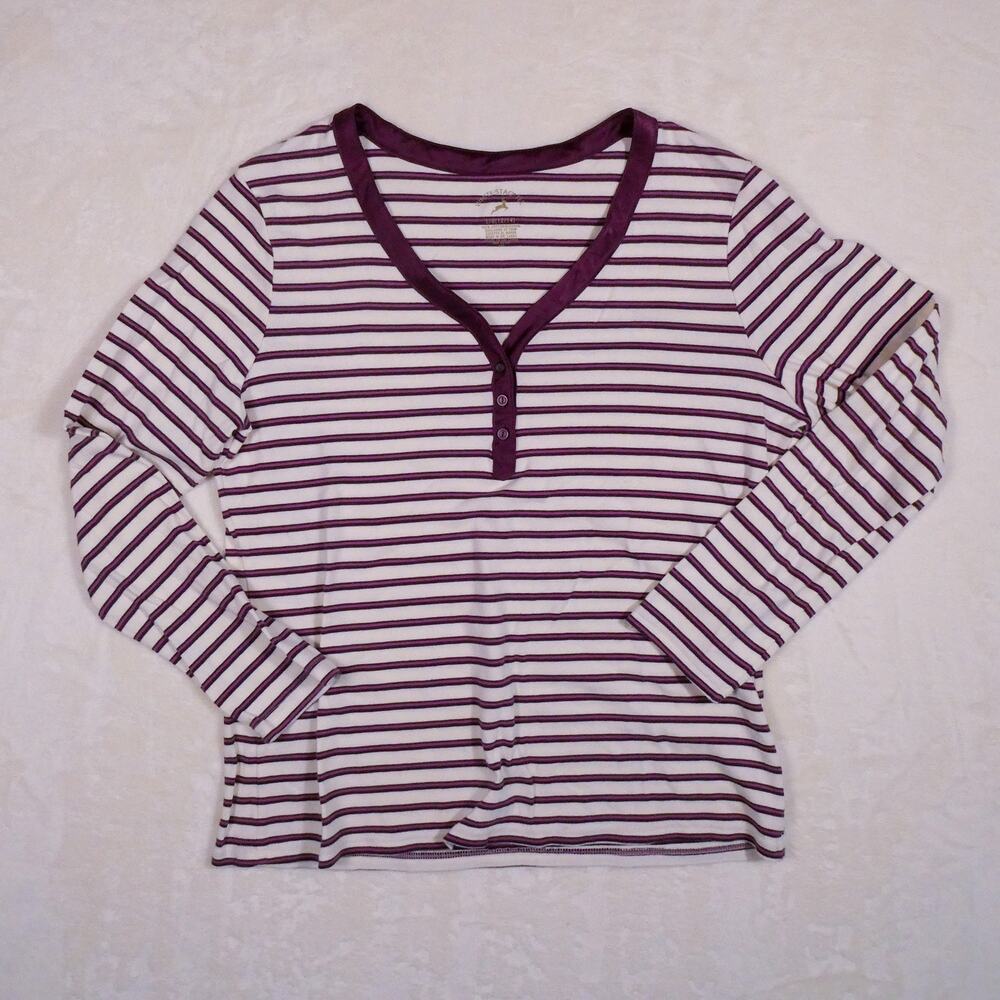 White Stag White Purple Cotton Henley Size L Y2K Striped Long Sleeve Thermal